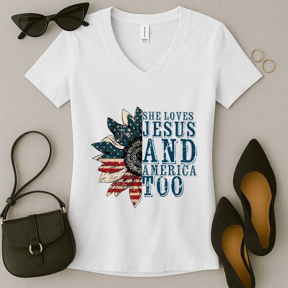 She Loves Jesus And America Too Women's V-Neck T-Shirt