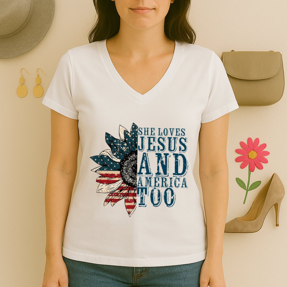 She Loves Jesus And America Too Women's V-Neck T-Shirt