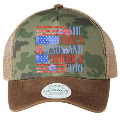 She Loves Jesus  America Too USA American Flag Daisy Flower Legacy Tie Dye Trucker Hat
