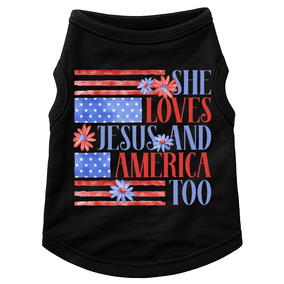 She Loves Jesus  America Too USA American Flag Daisy Flower Doggie Tank
