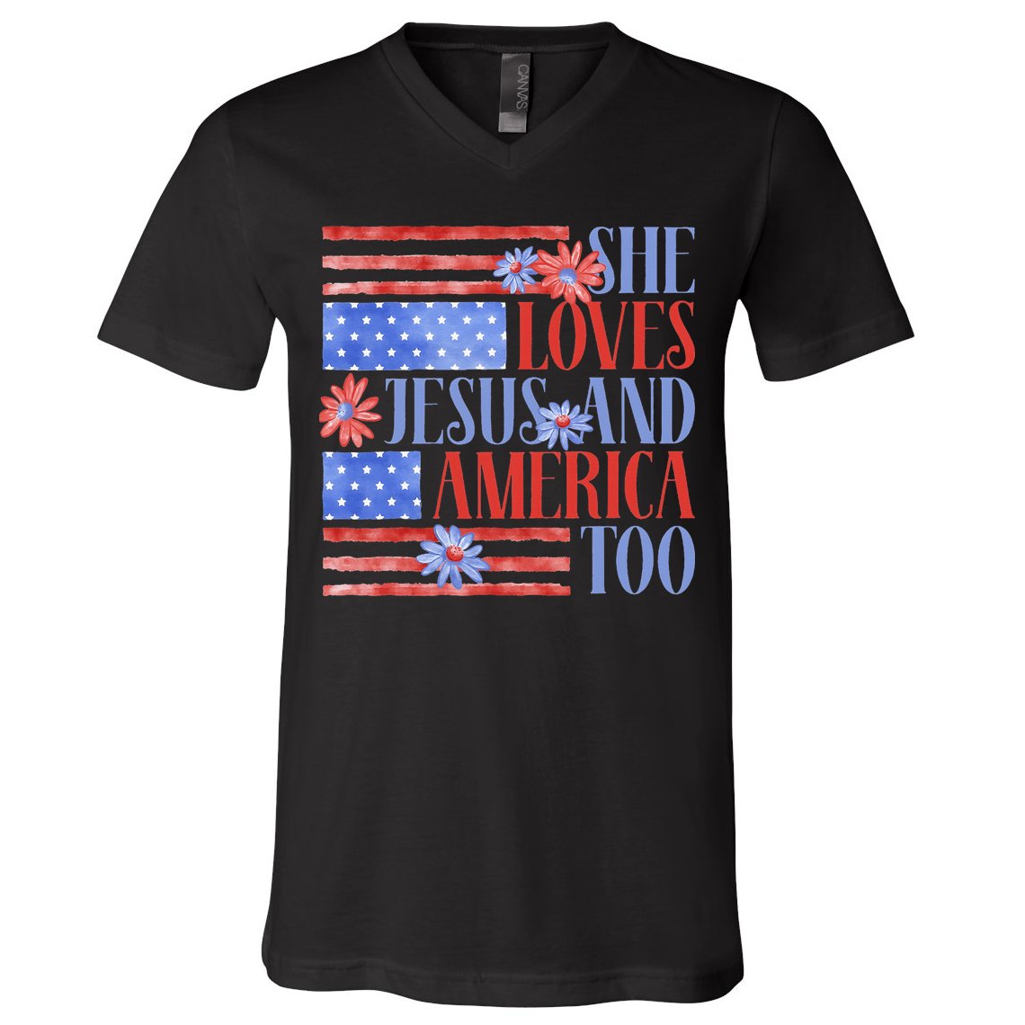 She Loves Jesus  America Too USA American Flag Daisy Flower V-Neck T-Shirt