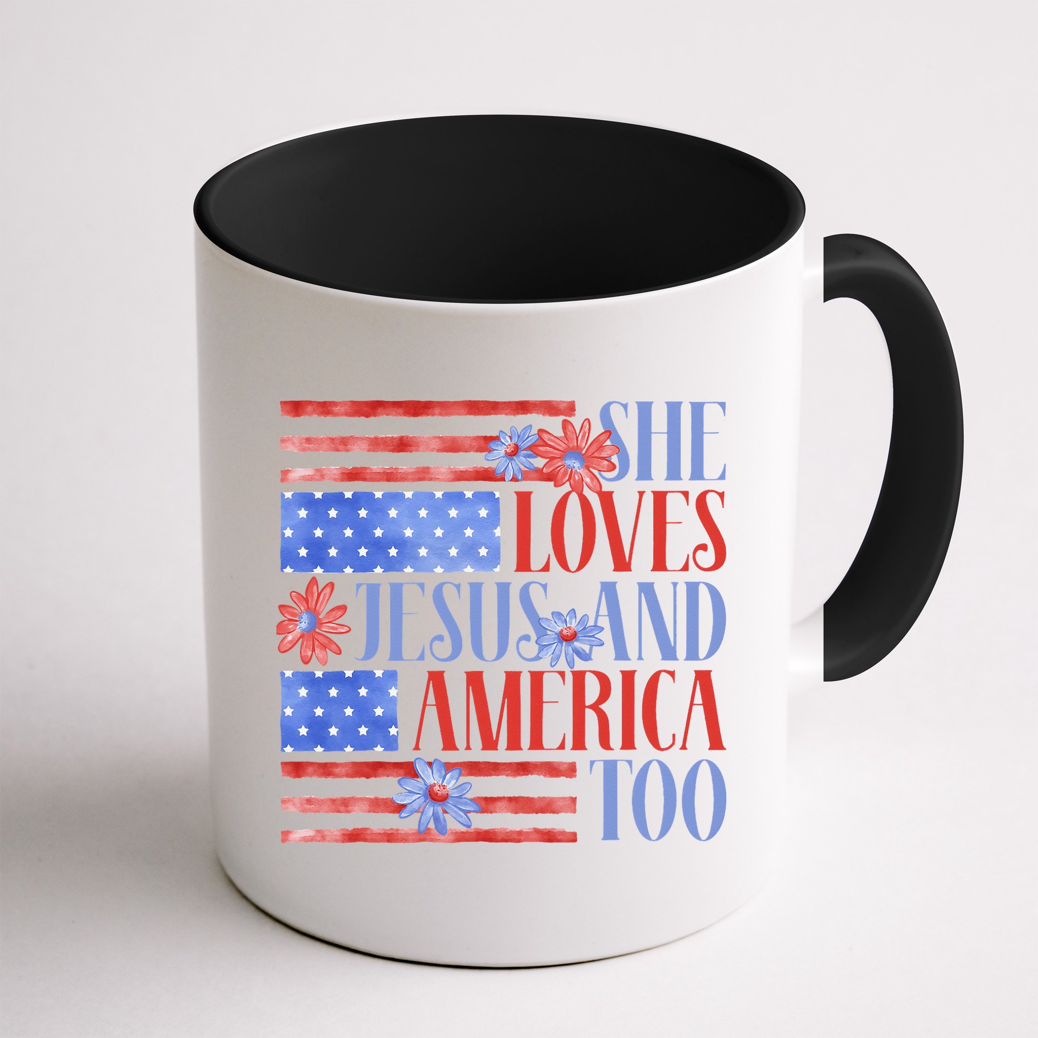 She Loves Jesus  America Too USA American Flag Daisy Flower Mug