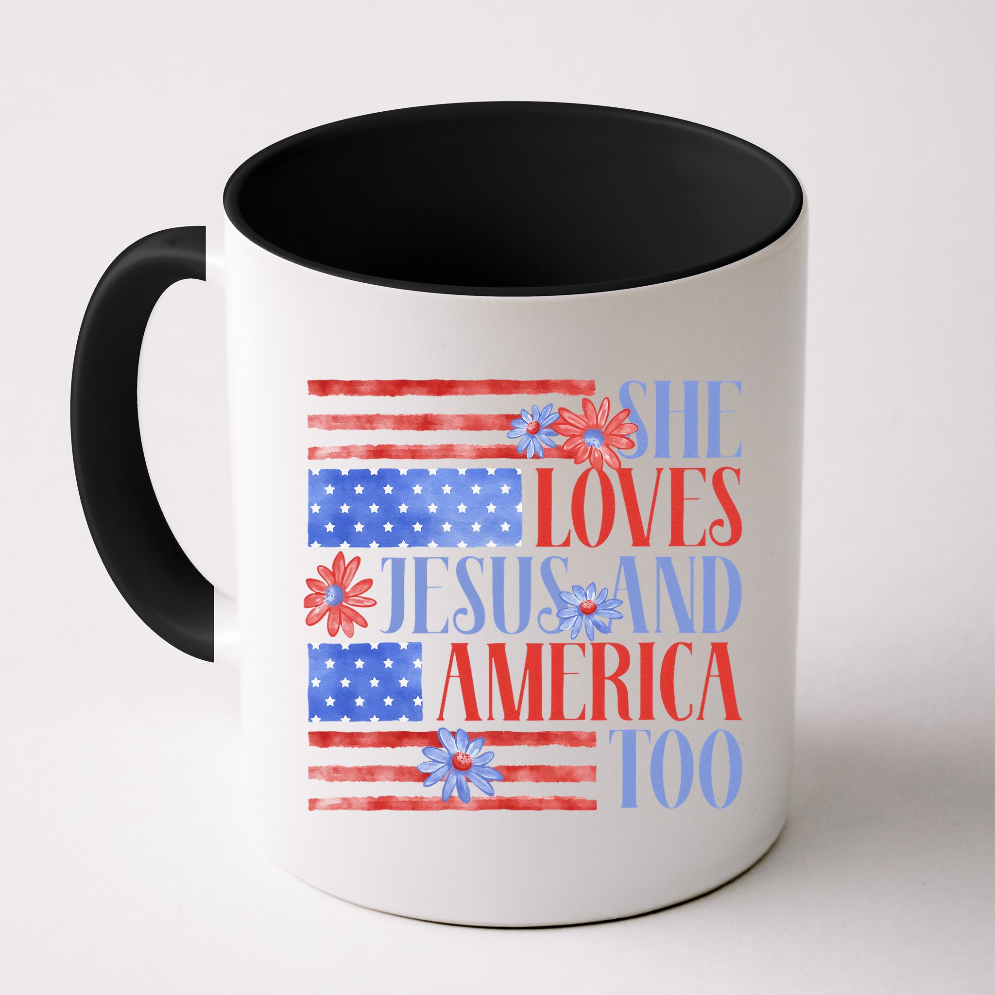 She Loves Jesus  America Too USA American Flag Daisy Flower Mug