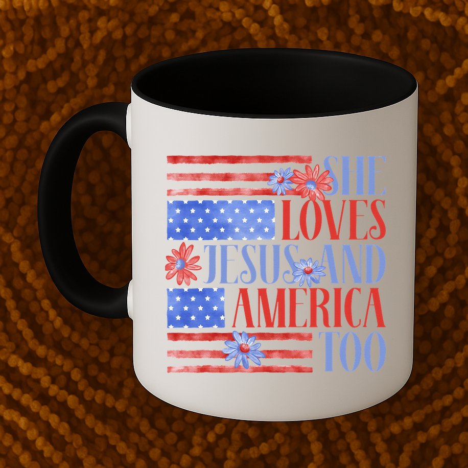 She Loves Jesus  America Too USA American Flag Daisy Flower Mug