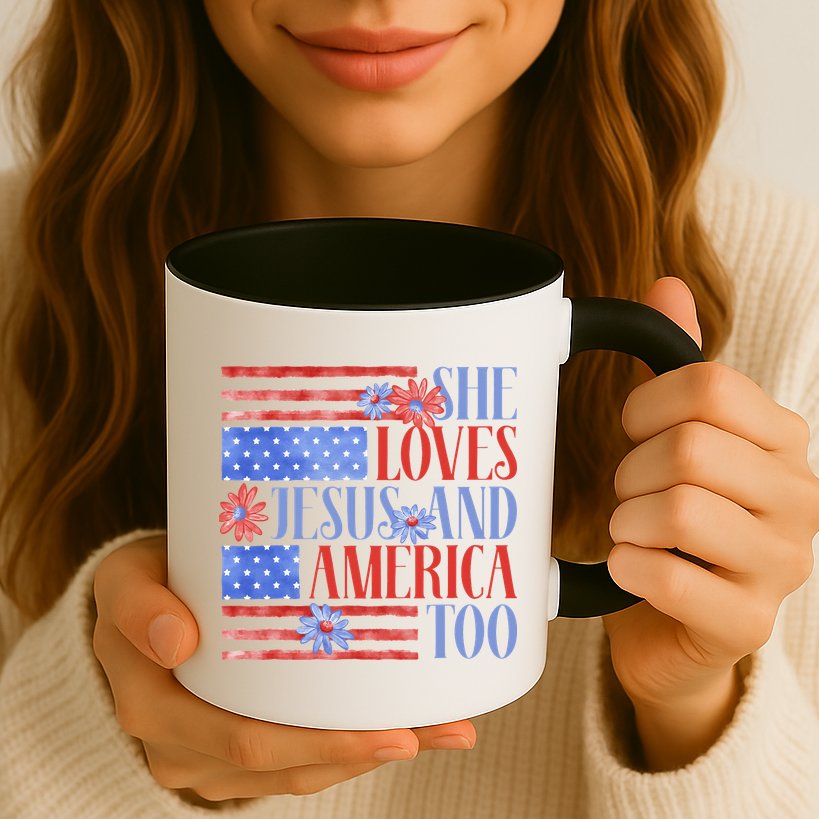 She Loves Jesus  America Too USA American Flag Daisy Flower Mug