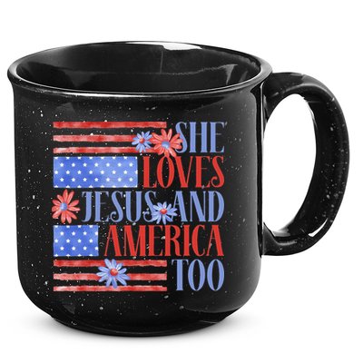 She Loves Jesus  America Too USA American Flag Daisy Flower 15oz Campfire Ceramic Mug