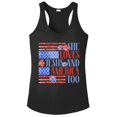 She Loves Jesus  America Too USA American Flag Daisy Flower Ladies PosiCharge Competitor Racerback Tank