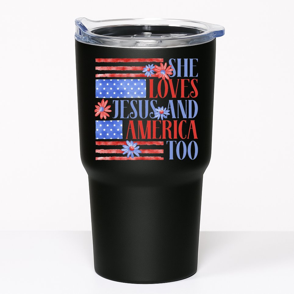 She Loves Jesus  America Too USA American Flag Daisy Flower Tumbler