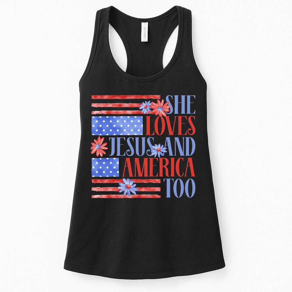 She Loves Jesus  America Too USA American Flag Daisy Flower Womens Tank Top