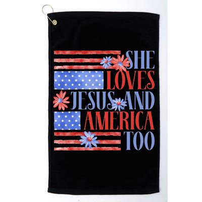 She Loves Jesus  America Too USA American Flag Daisy Flower Golf Towel