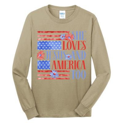 She Loves Jesus  America Too USA American Flag Daisy Flower Tall Long Sleeve T-Shirt