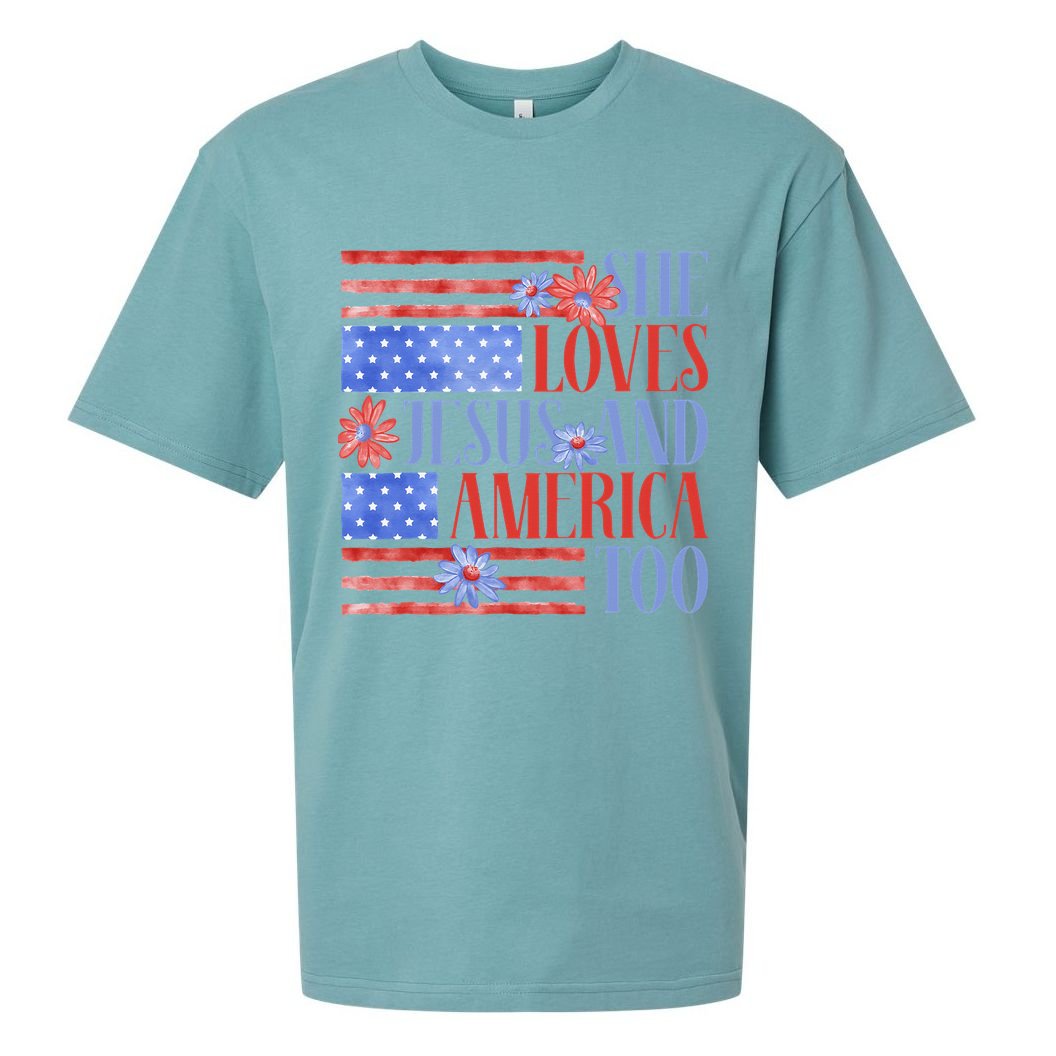 She Loves Jesus  America Too USA American Flag Daisy Flower Sueded Cloud Jersey T-Shirt