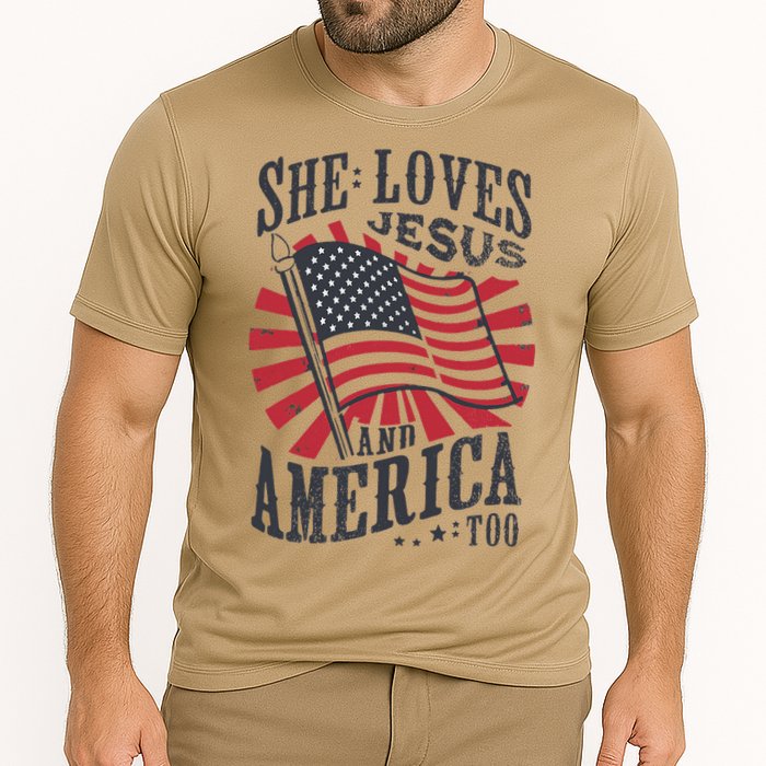 She Loves Jesus And America Too Flag Christian Cooling Performance Crew T-Shirt