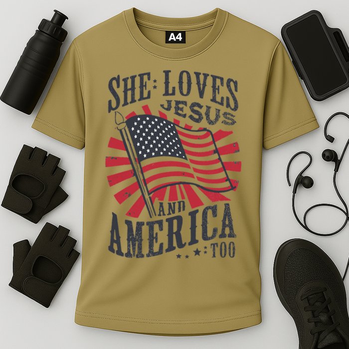 She Loves Jesus And America Too Flag Christian Cooling Performance Crew T-Shirt