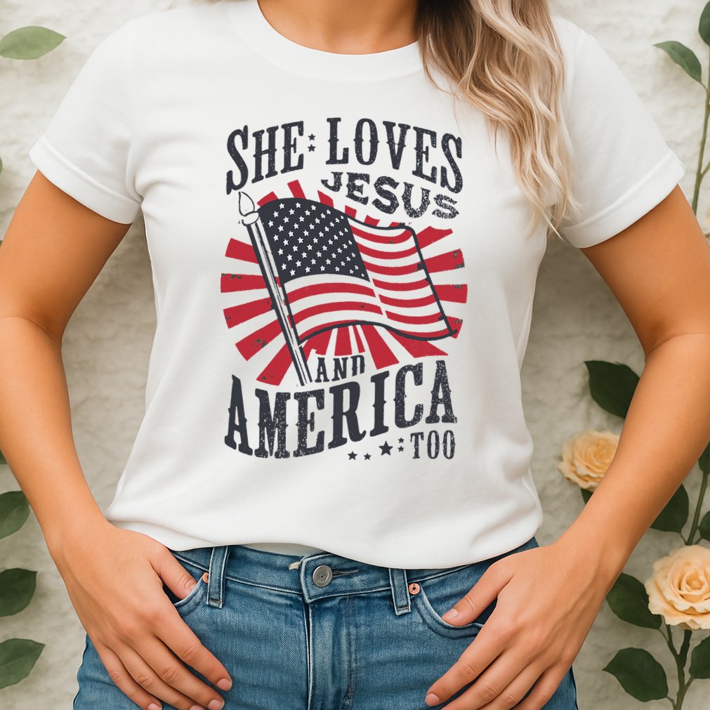 She Loves Jesus And America Too Flag Christian Womens T-Shirt