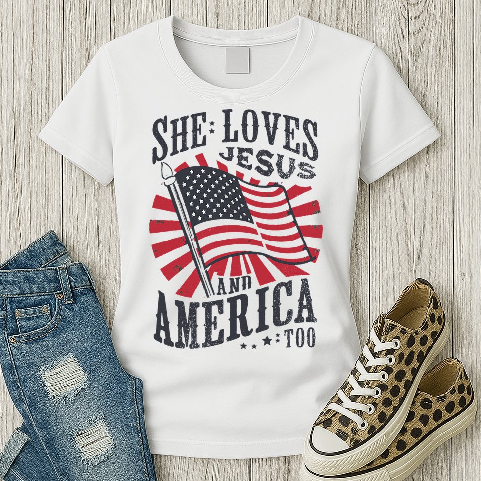 She Loves Jesus And America Too Flag Christian Womens T-Shirt