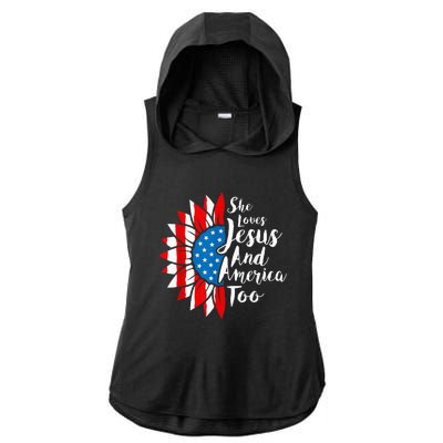 She Loves Jesus And America Too 4th Of July Sunflower Ladies PosiCharge Tri-Blend Wicking Draft Hoodie Tank