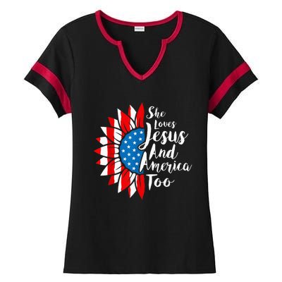 She Loves Jesus And America Too 4th Of July Sunflower Ladies Halftime Notch Neck Tee