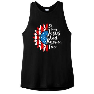 She Loves Jesus And America Too 4th Of July Sunflower Ladies PosiCharge Tri-Blend Wicking Tank