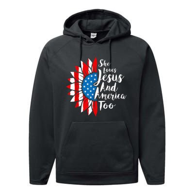 She Loves Jesus And America Too 4th Of July Sunflower Performance Fleece Hoodie