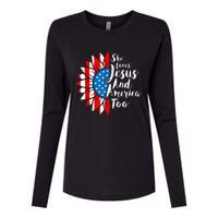 She Loves Jesus And America Too 4th Of July Sunflower Womens Cotton Relaxed Long Sleeve T-Shirt