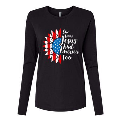 She Loves Jesus And America Too 4th Of July Sunflower Womens Cotton Relaxed Long Sleeve T-Shirt