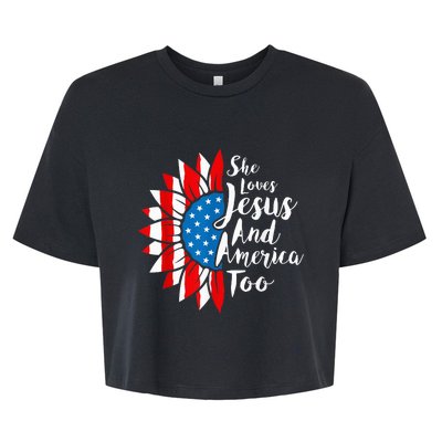 She Loves Jesus And America Too 4th Of July Sunflower Bella+Canvas Jersey Crop Tee