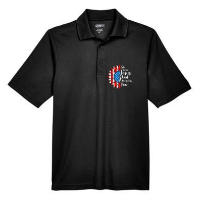 She Loves Jesus And America Too 4th Of July Sunflower Men's Origin Performance Pique Polo