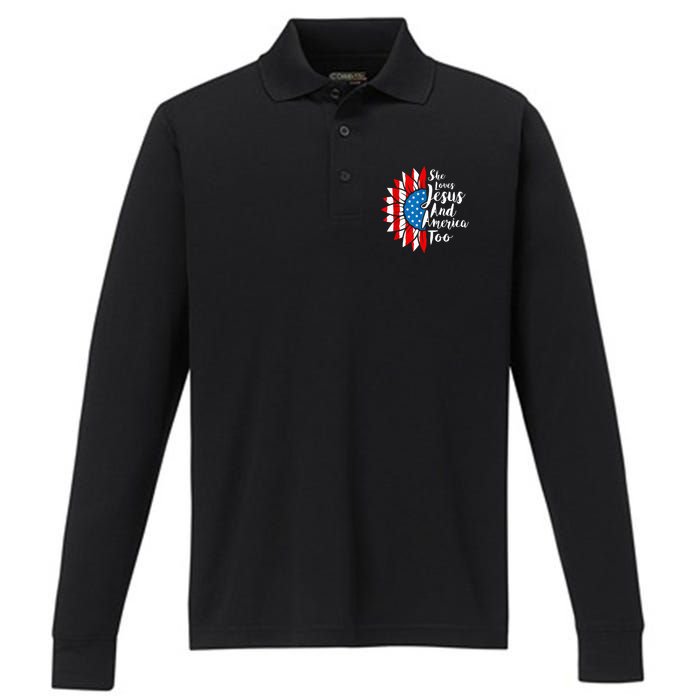 She Loves Jesus And America Too 4th Of July Sunflower Performance Long Sleeve Polo