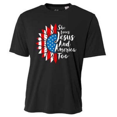 She Loves Jesus And America Too 4th Of July Sunflower Cooling Performance Crew T-Shirt