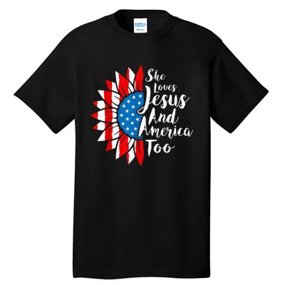 She Loves Jesus And America Too 4th Of July Sunflower Tall T-Shirt