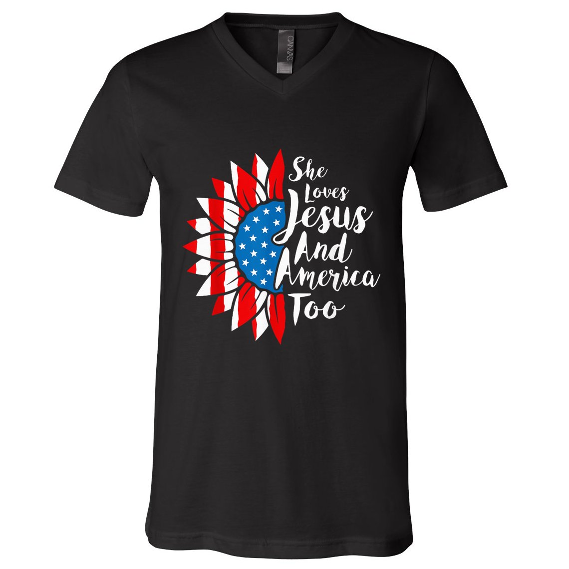She Loves Jesus And America Too 4th Of July Sunflower V-Neck T-Shirt