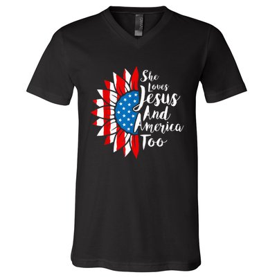 She Loves Jesus And America Too 4th Of July Sunflower V-Neck T-Shirt