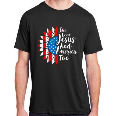 She Loves Jesus And America Too 4th Of July Sunflower Adult ChromaSoft Performance T-Shirt