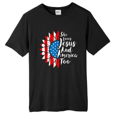 She Loves Jesus And America Too 4th Of July Sunflower Tall Fusion ChromaSoft Performance T-Shirt