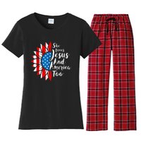 She Loves Jesus And America Too 4th Of July Sunflower Women's Flannel Pajama Set