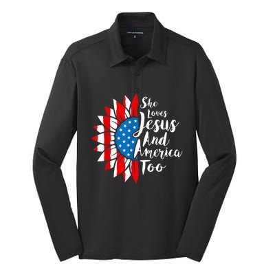 She Loves Jesus And America Too 4th Of July Sunflower Silk Touch Performance Long Sleeve Polo