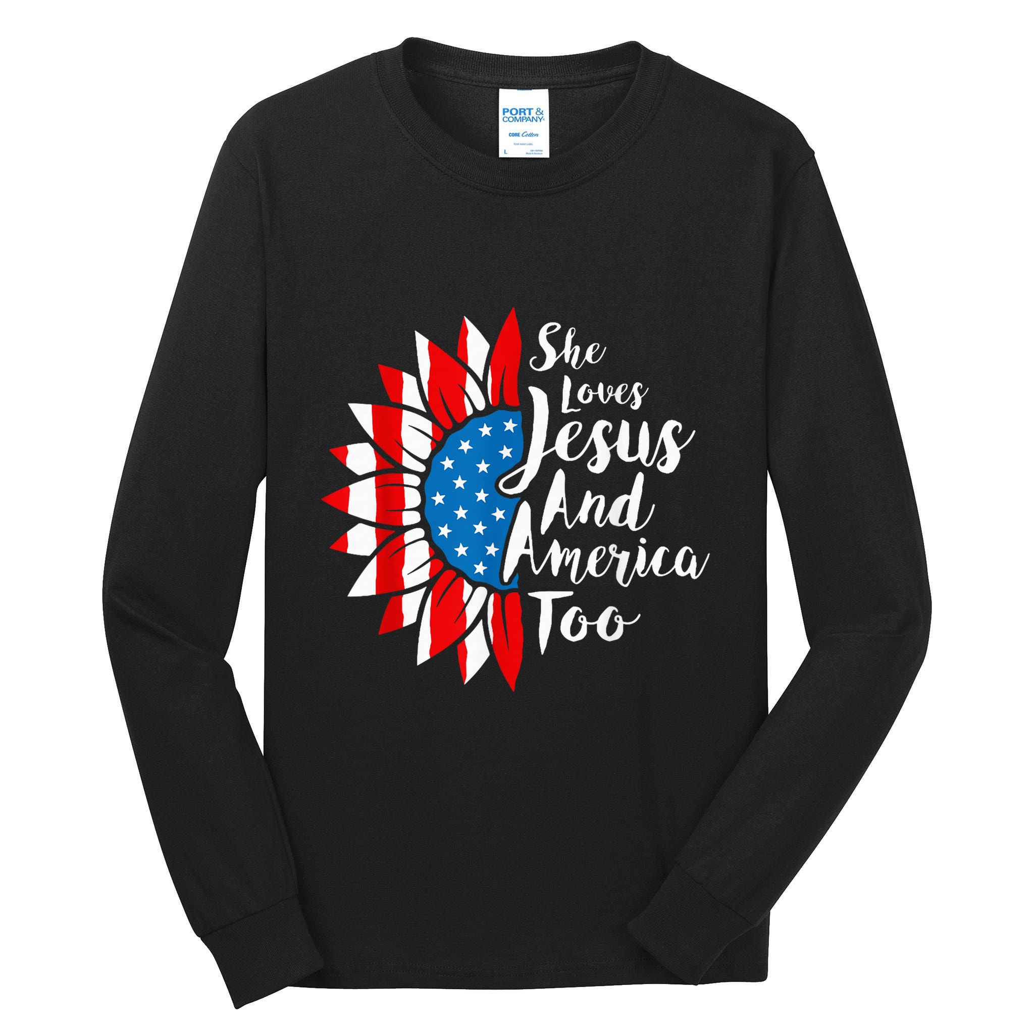 She Loves Jesus And America Too 4th Of July Sunflower Tall Long Sleeve T-Shirt