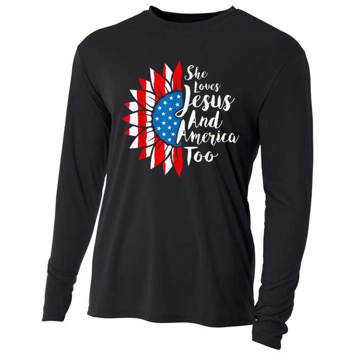 She Loves Jesus And America Too 4th Of July Sunflower Cooling Performance Long Sleeve Crew