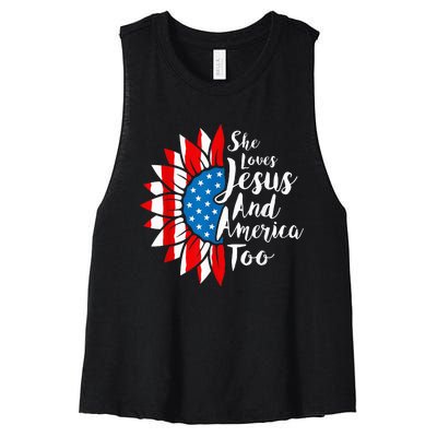 She Loves Jesus And America Too 4th Of July Sunflower Women's Racerback Cropped Tank