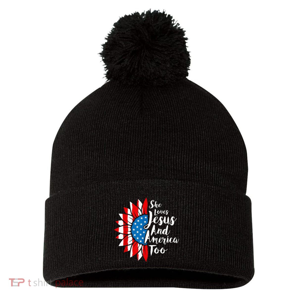 She Loves Jesus And America Too 4th Of July Sunflower Pom Pom 12in Knit Beanie