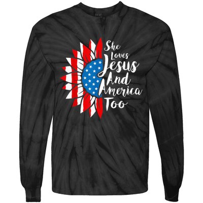 She Loves Jesus And America Too 4th Of July Sunflower Tie-Dye Long Sleeve Shirt