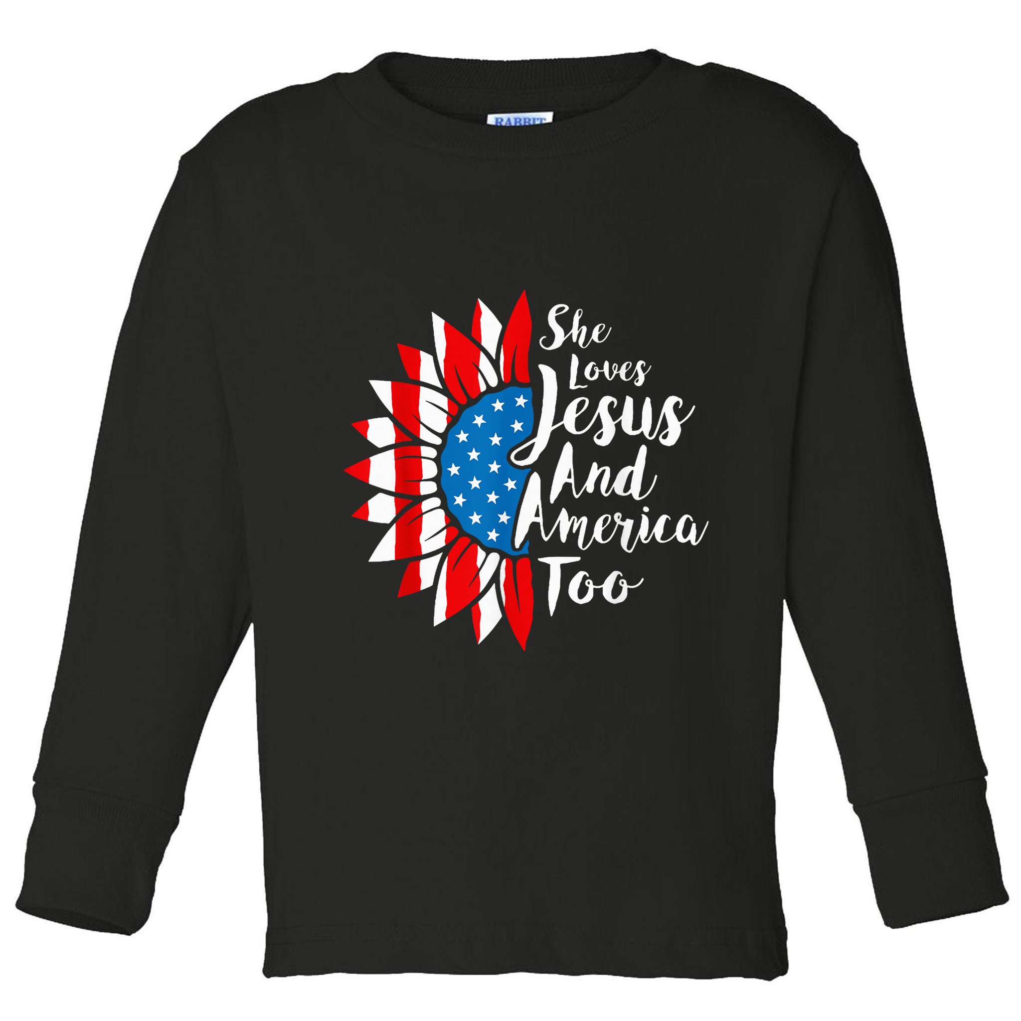 She Loves Jesus And America Too 4th Of July Sunflower Toddler Long Sleeve Shirt
