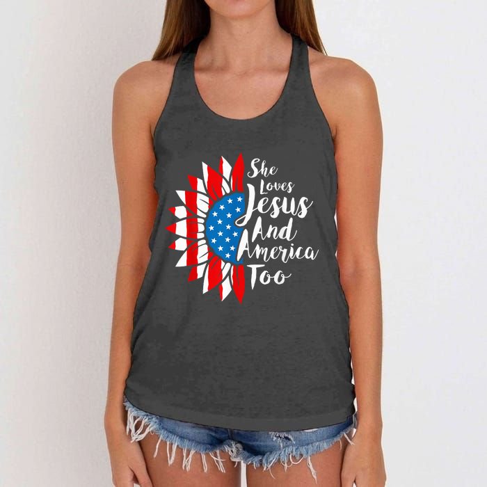 She Loves Jesus And America Too 4th Of July Sunflower Women's Knotted Racerback Tank