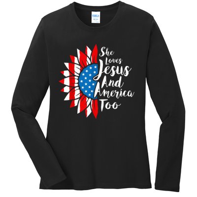 She Loves Jesus And America Too 4th Of July Sunflower Ladies Long Sleeve Shirt