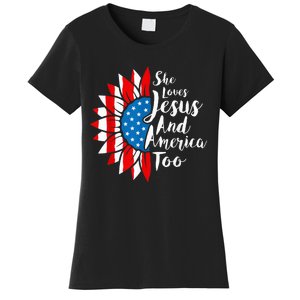 She Loves Jesus And America Too 4th Of July Sunflower Women's T-Shirt