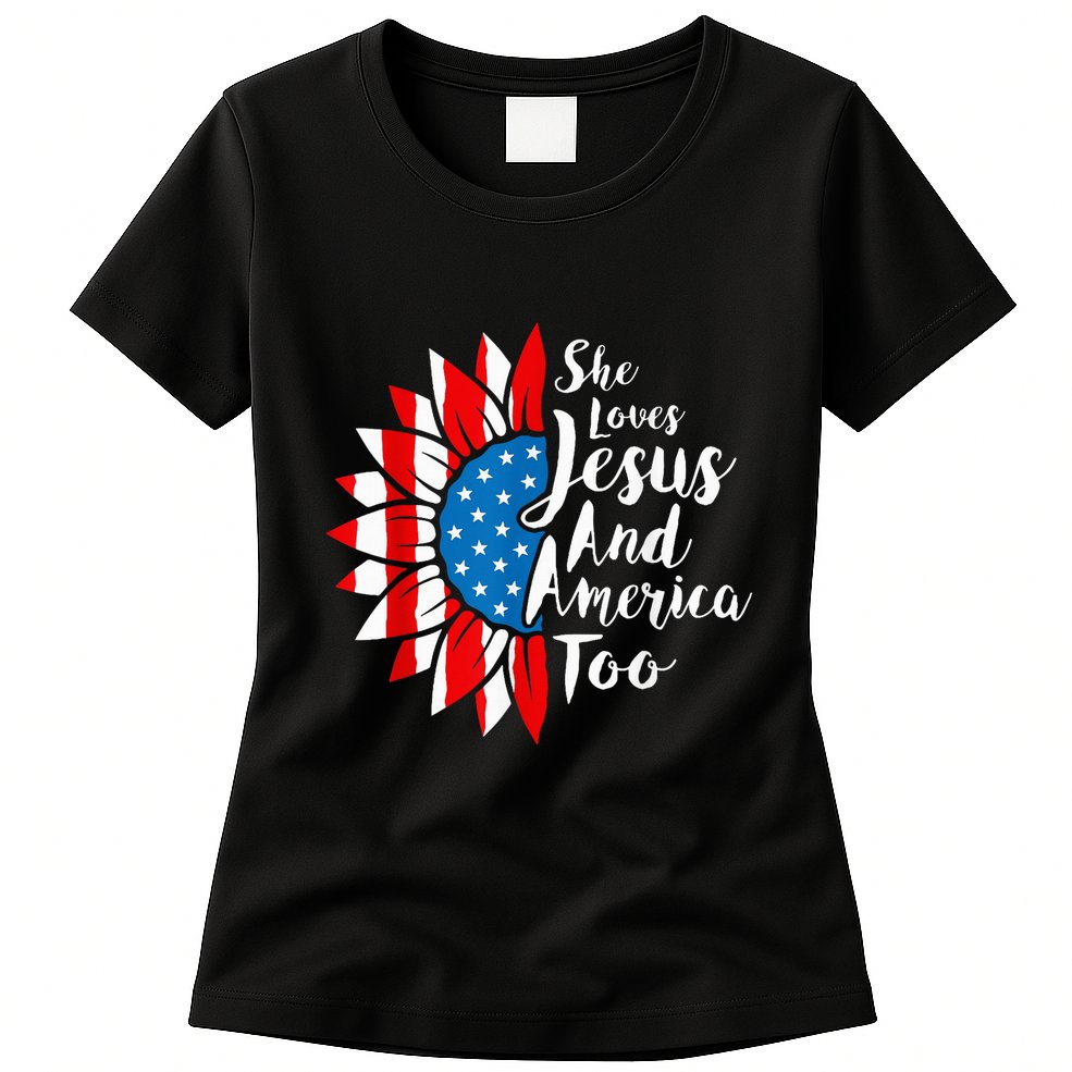 She Loves Jesus And America Too 4th Of July Sunflower Womens T-Shirt