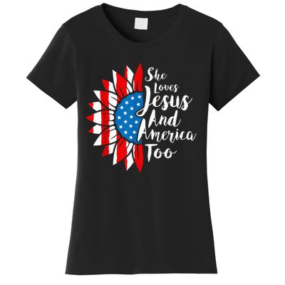 She Loves Jesus And America Too 4th Of July Sunflower Women's T-Shirt