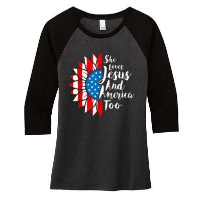 She Loves Jesus And America Too 4th Of July Sunflower Women's Tri-Blend 3/4-Sleeve Raglan Shirt