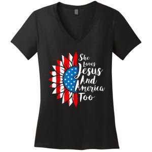 She Loves Jesus And America Too 4th Of July Sunflower Women's V-Neck T-Shirt